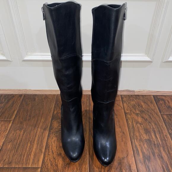 ADRIENNE VITTADINI Black Leather 9.5 Knee High Boots 3.5” Stiletto Full Zipper - Picture 2 of 13